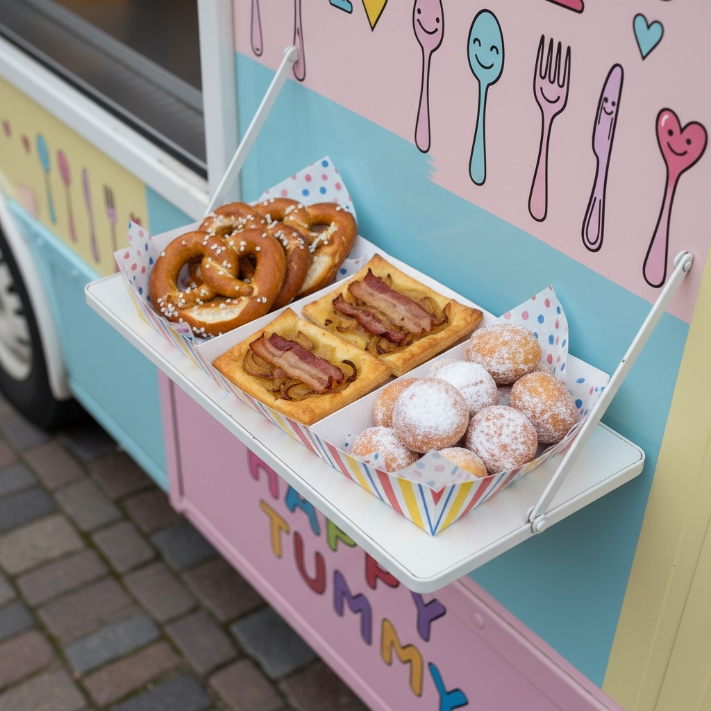 A bird’s-eye, photographic view of a colorful paper food tray resting on a small fold-out shelf attached to the side of the Happy Tummy truck. Inside the tray, a neatly arranged sampler of sweet and savory bites: bite-sized pretzels with coarse salt crystals, mini flammekueche squares topped with caramelized onions, and tiny cinnamon-sugar doughnuts dusted generously. Beneath the shelf, the truck’s pastel-painted exterior shows graphic doodles of smiling utensils and hearts. Soft overcast daylight from an Alsatian afternoon creates even, diffused lighting with minimal shadows, enhancing the vivid colors of the food. The composition is clean and playful, with sharp focus on the tray and a gently blurred background of cobblestones, evoking a fun, casual snacking atmosphere.