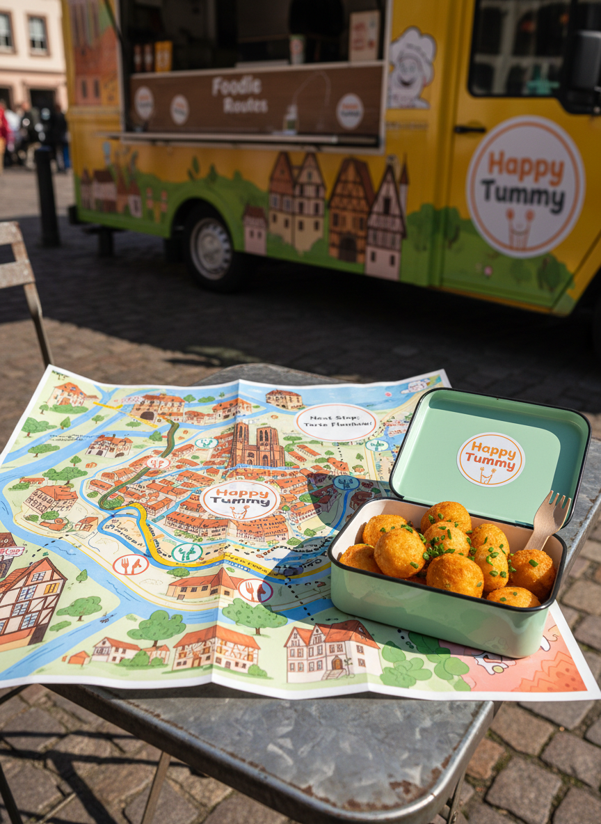 An overhead, photographic shot of a colorful, illustrated paper map of Strasbourg spread across a small metal table beside the Happy Tummy truck. The map features highlighted routes and circled locations, with a playful sticker-style logo of “Happy Tummy” marking various upcoming stops. Next to the map, a branded pastel enamel takeout box sits open, revealing neatly arranged mac and cheese bites sprinkled with chives. Soft midday sunlight creates subtle shadows along the folds of the map and gentle highlights on the enamel container. The composition follows the rule of thirds, with the map dominating the frame and the food adding a cozy focal point. The mood is adventurous yet comforting, suggesting a fun food-truck treasure hunt around the city of Strasbourg.