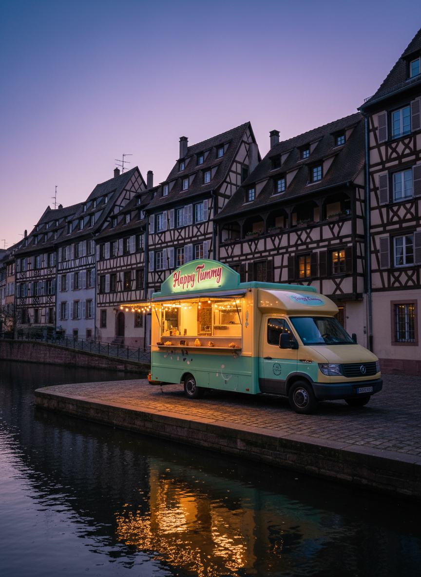 A wide, cinematic, photographic scene of the Happy Tummy food truck parked beside the River Ill in Strasbourg, framed by historic half-timbered Alsatian buildings in the background. The truck’s pastel exterior and bold “Happy Tummy” logo stand out cheerfully against the muted tones of old stone and timber. String lights are draped along the truck’s awning, glowing warmly as dusk settles, reflected as soft glimmers on the river’s surface. The sky is transitioning to deep blue, and the truck’s interior light spills out through the open window, creating a cozy halo on the surrounding cobblestones. Shot from a low-angle three-quarter view, with a moderate depth of field, the image feels magical, inviting, and slightly whimsical, capturing the romance of evening street food in Alsace.
