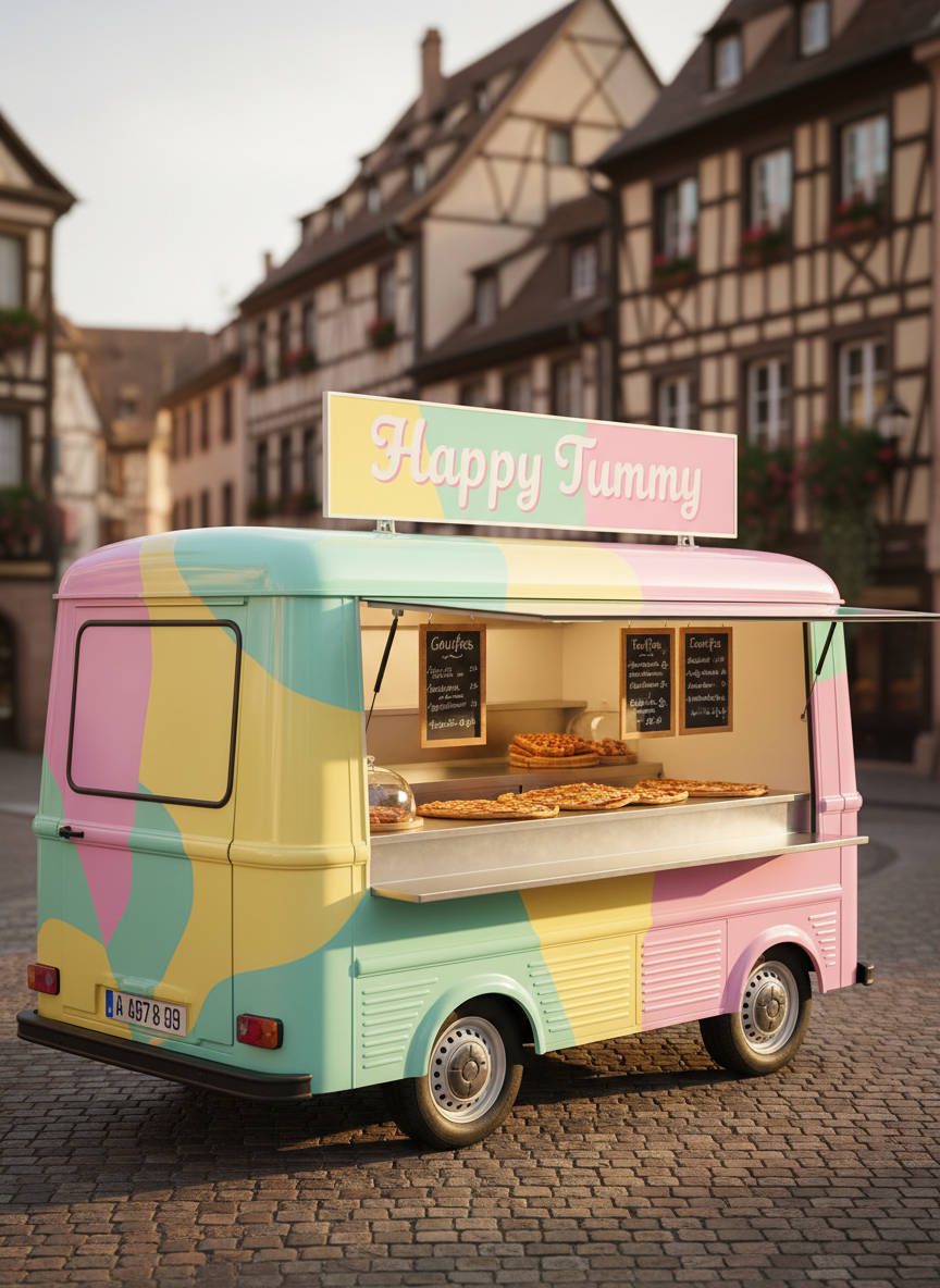 A compact, candy-colored food truck named “Happy Tummy” parked on a quiet Strasbourg street corner, its metal sides painted in playful pastel swirls of pink, mint, and sunny yellow. The serving window is propped open, revealing gleaming stainless-steel countertops, neatly arranged chalkboard menus, and a small display of golden waffles and steaming tartes flambées under a glass dome. Late-afternoon golden hour light washes over the scene, reflecting softly on the truck’s glossy finish and casting long, gentle shadows on the cobblestone pavement. Photographic realism, eye-level composition with the truck centered, background subtly blurred to highlight the cheerful vehicle, creating an inviting, whimsical atmosphere that feels warm, friendly, and full of delicious possibilities.